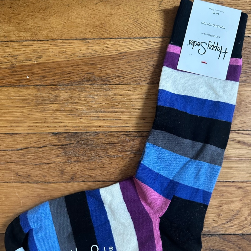 NWT Mens Happy Socks Black and Blue Casual Striped Socks 10-13